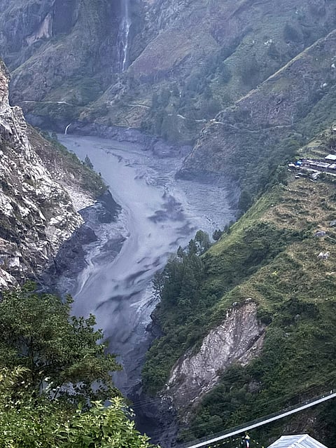 In this photo provided by the Nepal Army, Budhi Gandaki river in north central Nepal is seen in spate, Sunday, Oct. 11, 2026. 

