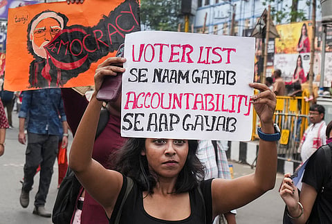 Left student and youth activists during a protest rally demanding the resignation of Chief Election Commissioner (CEC) Gyanesh Kumar and the complete scrapping of the Special Intensive Revision (SIR) exercise, in Kolkata, Sunday, Oct. 11, 2026. 
