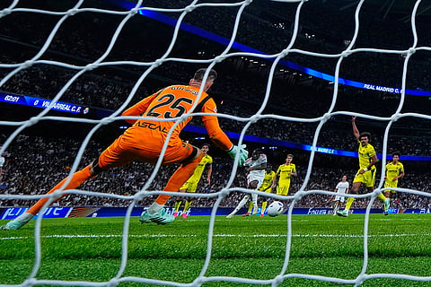 Real Madrid's Yan Diomande scores first goal during the La Liga soccer match between Real Madrid and Villarreal in Madrid, Spain.