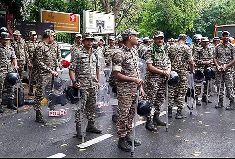 Security heightened ahead of the Opposition’s Supreme Court march, in Mandi House area, New Delhi, Monday, Oct. 12, 2026. 