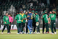 | Photo: AP/Anjum Naveed : Sri Lanka's players shake hands with Pakistan's players after Pakistan win the second T20 cricket match against Sri Lanka, in Rawalpindi, Pakistan, Sunday, Oct. 11, 2026. 