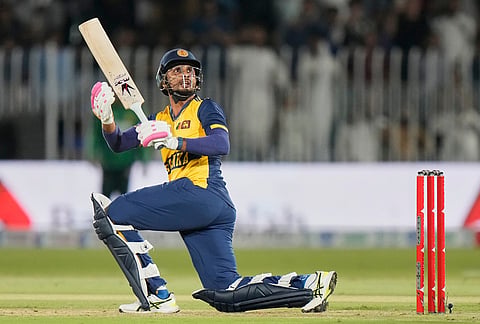 Sri Lanka's Dasun Shanaka plays a shot during the second T20 cricket match between Pakistan and Sri Lanka, in Rawalpindi, Pakistan, Sunday, Oct. 11, 2026.