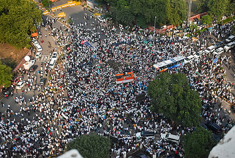 INDIA bloc members and supporters during a "March for Democracy" to the Supreme Court against Chief Election Commissioner (CEC) Gyanesh Kumar, in New Delhi, Monday, Oct. 12, 2026. 