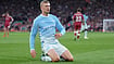 | Photo: AP/Jon Super : Manchester City's Erling Haaland celebrates after scoring his side's opening goal during the English Premier League soccer match between Liverpool and Manchester City in Liverpool, England, Sunday, Oct. 11, 2026.