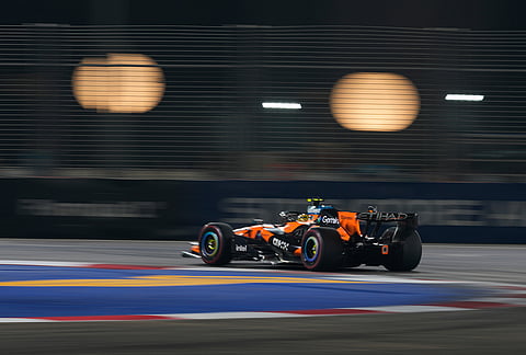 McLaren driver Lando Norris of Britain steers his car during the Singapore Formula One Grand Prix race in Singapore, Sunday, Oct. 11, 2026. 