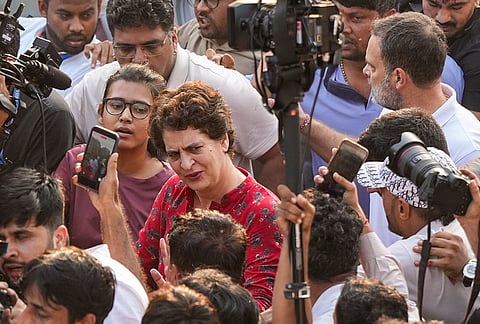 Congress leaders Rahul Gandhi and Priyanka Gandhi Vadra during a "March for Democracy" to the Supreme Court against Chief Election Commissioner (CEC) Gyanesh Kumar, in New Delhi, Monday, Oct. 12, 2026. 
