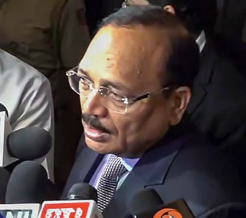 Chief Justice of India (CJI ) Surya Kant speaks to the media on the INDIA bloc's protest march, in New Delhi.