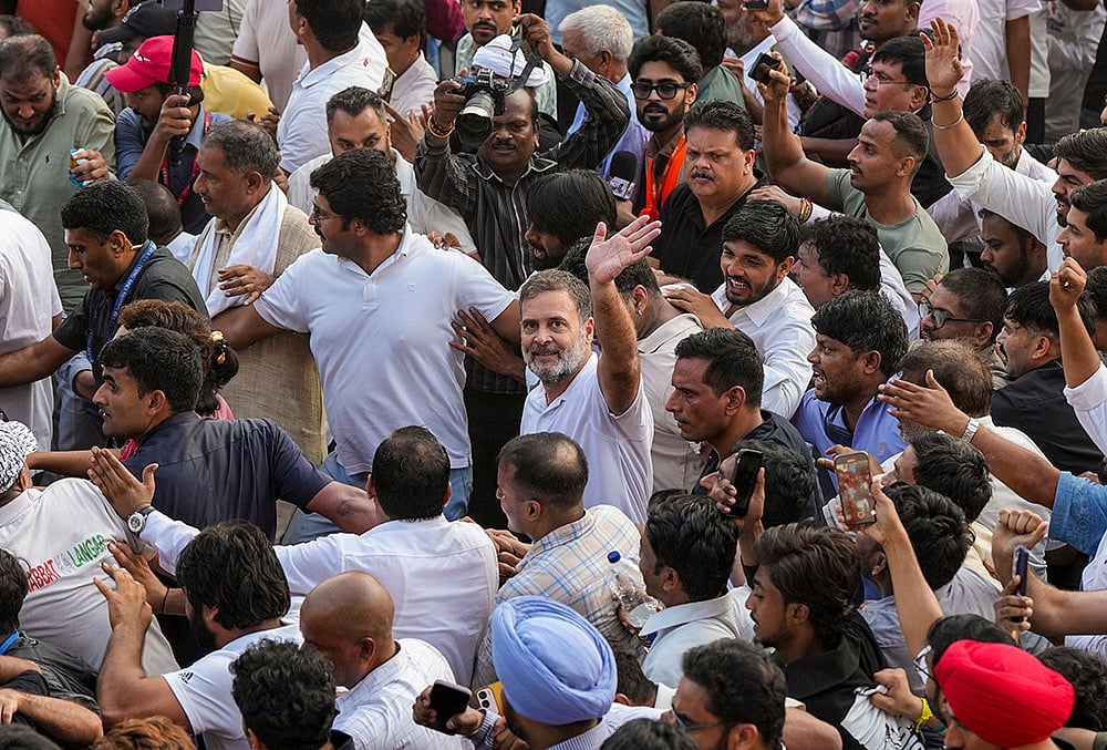 Congress leader Rahul Gandhi during a "March for Democracy" to the Supreme Court against Chief Election Commissioner (CEC) Gyanesh Kumar, in New Delhi, Monday, Oct. 12, 2026. 
 - | Photo: PTI/Arun Sharma
