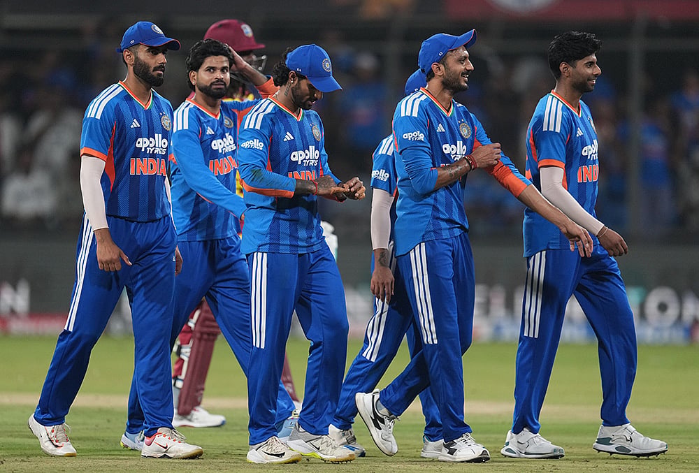 India's players celebrate after winning the third T20I cricket match of a series between India and West Indies, in Indore, Madhya Pradesh, Sunday, Oct. 11, 2026.  - | Photo: PTI/Kunal Patil