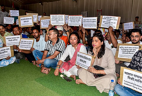 Garima Saikia Garg, wife of late singer Zubeen Garg, along with others stage a demonstration, demanding justice for the late singer, at Zubeen Khetra, in Kamrup Metropolitan district, Assam.
