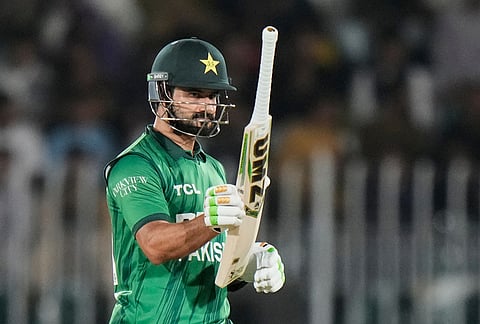 Pakistan's captain Sahibzada Farhan celebrates his fifty runs during the second T20 cricket match between Pakistan and Sri Lanka, in Rawalpindi, Pakistan, Sunday, Oct. 11, 2026. 