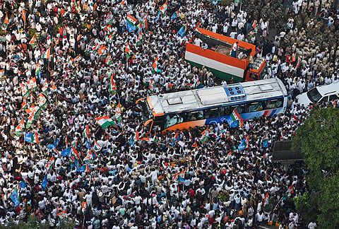 INDIA bloc members and supporters during a "March for Democracy" to the Supreme Court against Chief Election Commissioner (CEC) Gyanesh Kumar, in New Delhi, Monday, Oct. 12, 2026. 
