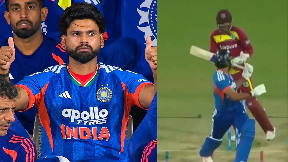 Composte image of Shreyas Iyer doing concentration practice before coming to bat and getting dismissed by Roston Chase on just 1 run - Screengrab/Jiohotstar