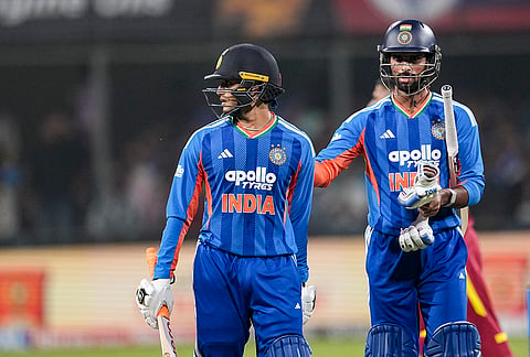India's Abhishek Sharma, left, with Tilak Varma after the former's dismissal during the third T20I cricket match of a series between India and West Indies, in Indore, Madhya Pradesh, Sunday, Oct. 11, 2026. 