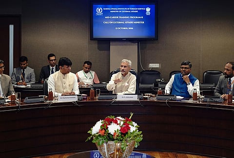 Union External Affairs Minister S Jaishankar interacts with Indian Foreign Service officers of the 2011 batch participating in the Mid-Career Training Programme-II, in New Delhi. 