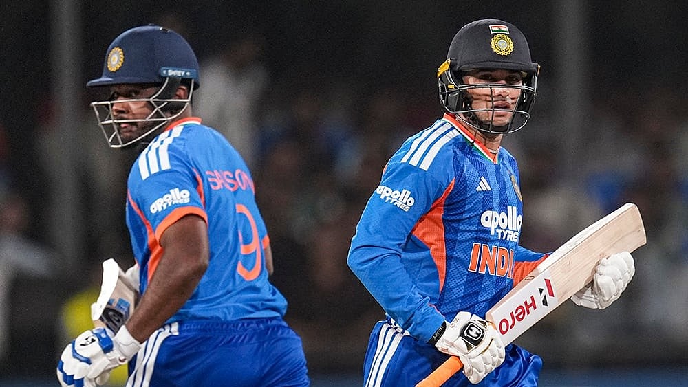 India's Abhishek Sharma, right, and Sanju Samson run between the wickets during the third T20I cricket match of a series between India and West Indies, in Indore, Madhya Pradesh, Sunday, Oct. 11, 2026.  - | Photo: PTI/Kunal Patil