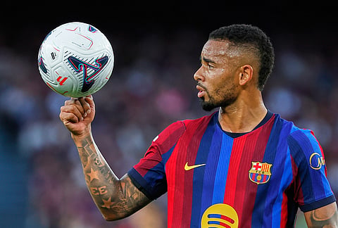 Barcelona's Gabriel Jesus holds the ball during the Spanish La Liga soccer match between Barcelona and Getafe in Barcelona, Spain, Saturday, Oct. 10, 2026. 