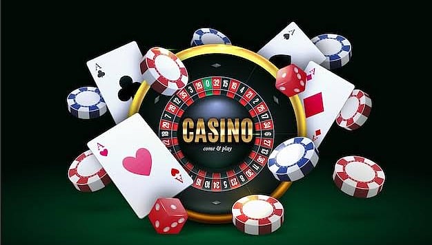 A roulette wheel surrounded by playing cards, poker chips, and dice.
