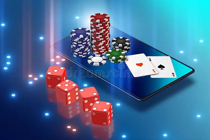 Red dice, playing cards, and stacked casino chips on a tablet with a glowing blue background.