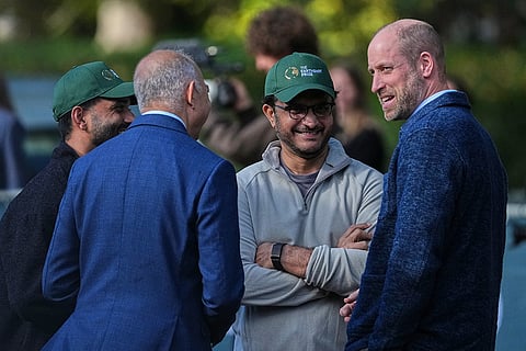Britain's Prince William speaks to Cricket player Sourav Ganguly, second right, as he joins cricketing stars from the United Kingdom and India at a special Earthshot Prize event in London, Tuesday, Oct. 13, 2026, ahead of the Earthshot Prize's annual Summit and Awards Night in Mumbai in November.