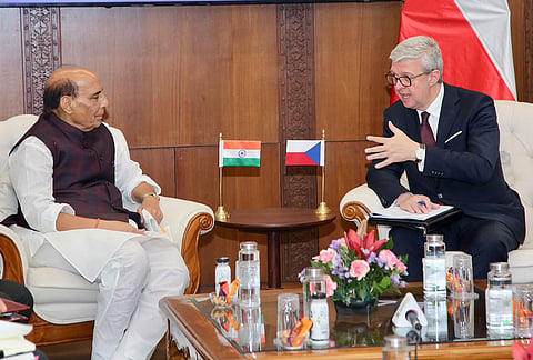 Defence Minister Rajnath Singh meets Czech Republic Deputy Prime Minister and Minister of Industry and Trade Karel Havlicek, in New Delhi. 