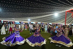 | Photo: AP/Ajit Solanki : Women in traditional attire perform Gujarat state's folk dance called Garba during the celebration of nine nights Hindu festival Navratri, in Ahmedabad, Monday, Oct. 12, 2026.