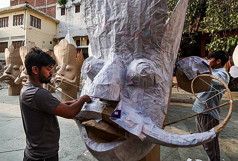 Artisans make an effigy of demon king Ravana in preparation for the upcoming Dussehra festival, in Jammu, Friday, Oct. 9, 2026. 
