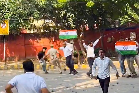 Police detain CJP leader Saurav Das and other workers at Jantar Mantar, in New Delhi. 