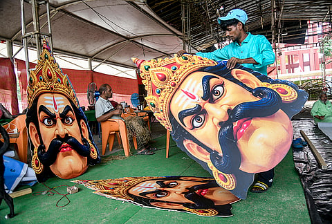 Artisans craft cutouts and effigies of the demon king Ravana ahead of the Dussehra festival, in Dehradun, Uttarakhand, Sunday, Oct. 11, 2026. 
