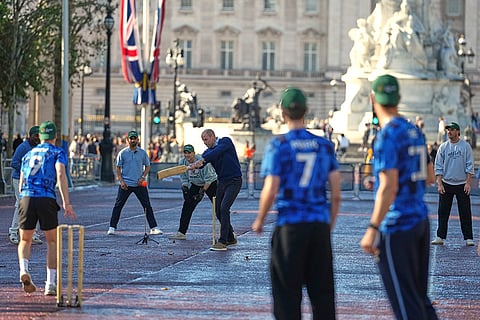 Britain's Prince William bats as he joins cricketing stars from the United Kingdom and India at a special Earthshot Prize event called 'Cricket at the Mall' in London, Tuesday, Oct. 13, 2026, ahead of the Earthshot Prize's annual Summit and Awards Night in Mumbai in November.