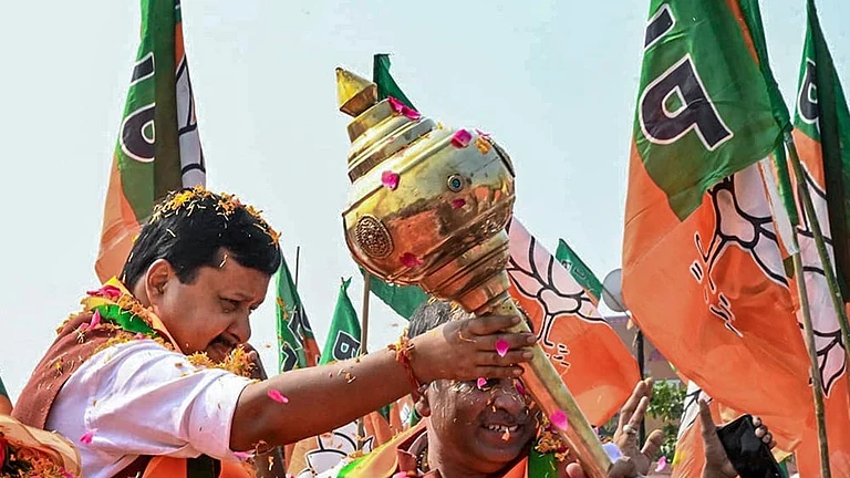 BJP National President Nitin Nabin holds a mace as he is being received by party workers on his arrival at Deoband, in Saharanpur district, Uttar Pradesh. - | Photo: @BJP4India/X via PTI