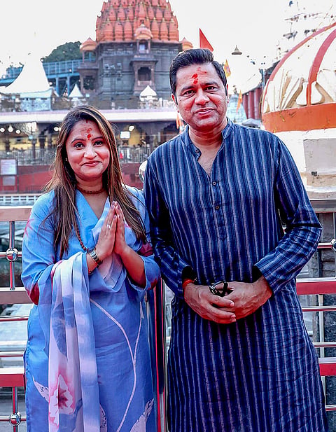 Cricket commentator Aakash Chopra with his wife Aakshi Chopra during a visit to the Mahakaleshwar Jyotirlinga Temple, in Ujjain, Madhya Pradesh.
