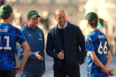 England Cricket player Joe Root introduces Britain's Prince William to other players as he joins cricketing stars from the United Kingdom and India at a special Earthshot Prize event in London, Tuesday, Oct. 13, 2026, ahead of the Earthshot Prize's annual Summit and Awards Night in Mumbai in November.