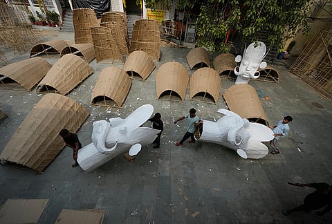 Artisans prepare effigies of Ravana, Meghnath and Kumbhkaran, characters in the Hindu epic Ramayana, in preparation for the upcoming Dussehra festival in Jammu, India, Saturday, Oct. 10, 2026. 
