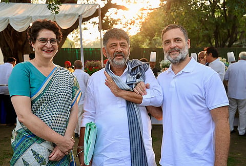 Lok Sabha LoP Rahul Gandhi, party leader Priyanka Gandhi Vadra, Karnataka CM DK Shivakumar and others during a high tea organised for the INDIA bloc leaders at Rahul Gandhi’s residence, to discuss the strategy for joint protests against ‘vote chori’ (vote theft) and to press for Chief Election Commissioner Gyanesh Kumar's resignation, in New Delhi. 