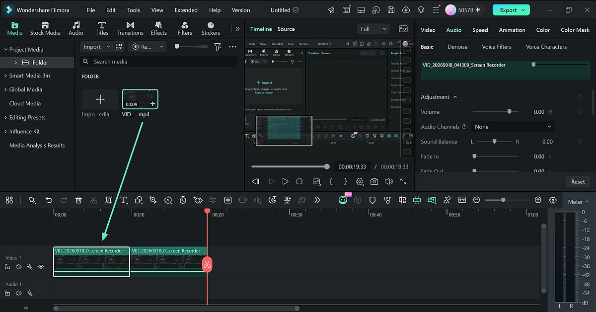 Filmora editor showing drag and drop video workflow