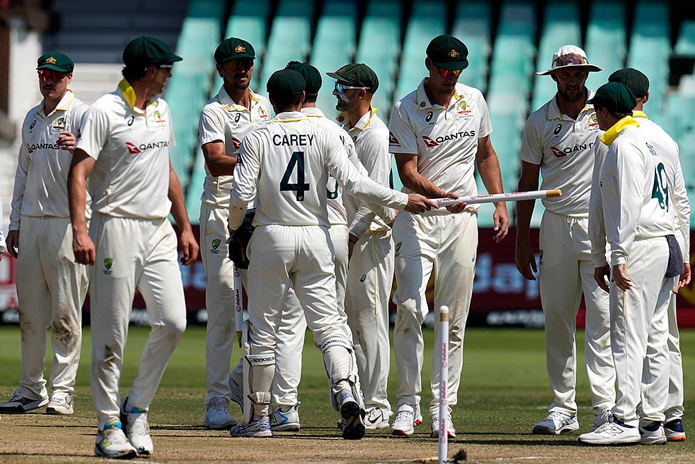 Australia's celebrate after winning the first cricket test match against South Africa, in Durban, South Africa, Tuesday, Oct. 13, 2026. - | Photo: AP/Themba Hadebe