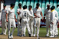 | Photo: AP/Themba Hadebe : Australia's celebrate after winning the first cricket test match against South Africa, in Durban, South Africa, Tuesday, Oct. 13, 2026.