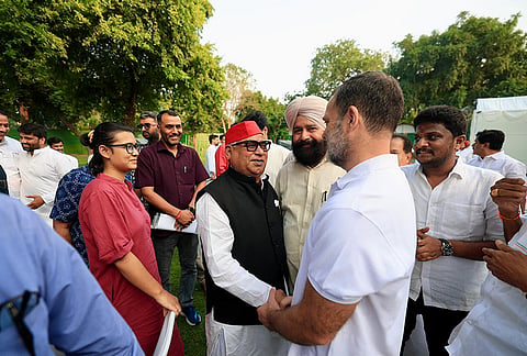 Lok Sabha LoP Rahul Gandhi during a high tea organised for the INDIA bloc leaders at his residence, to discuss the strategy for joint protests against ‘vote chori’ (vote theft) and to press for Chief Election Commissioner Gyanesh Kumar's resignation, in New Delhi. 
