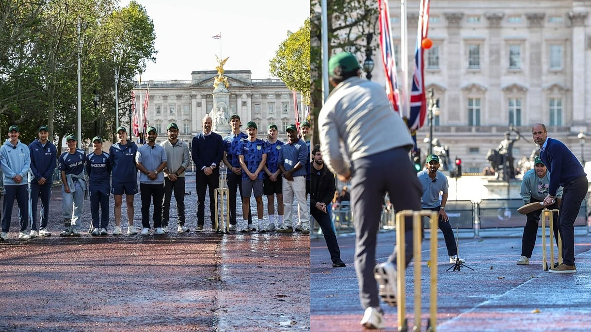 Ajinkya Rahane in slips watches HRH Prince William in action during the Earthshot Prize event outside the Buckingham Palace in London, while Sourav Ganguly bowls (Right Pic) - | Photo: Special Arrangement