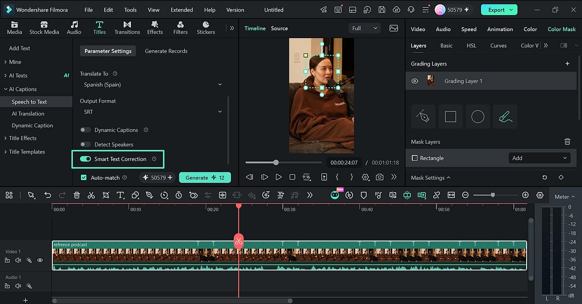 Filmora AI Speech to Text settings panel overlay