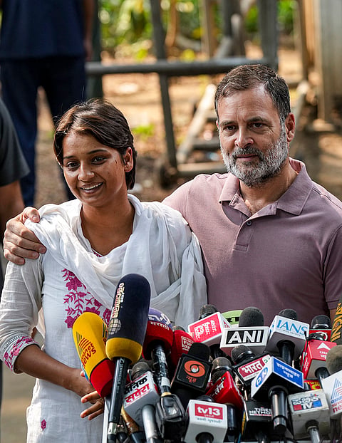 Congress leader Rahul Gandhi with NSUI members and other protesters, who were allegedly injured amid crackdown by police in the recent protests against Chief Election Commissioner (CEC) Gyanesh Kumar, during a press conference after their meeting, in New Delhi, Wednesday, Oct. 14, 2026. 