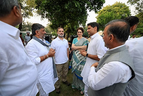 Lok Sabha LoP Rahul Gandhi with party leaders Priyanka Gandhi Vadra, Deepender Singh Hooda, Karnataka CM DK Shivakumar, HP CM Sukhvinder Singh Sukhu and others during a high tea organised for the INDIA bloc leaders at Rahul Gandhi’s residence, to discuss the strategy for joint protests against ‘vote chori’ (vote theft) and to press for Chief Election Commissioner Gyanesh Kumar's resignation, in New Delhi. 