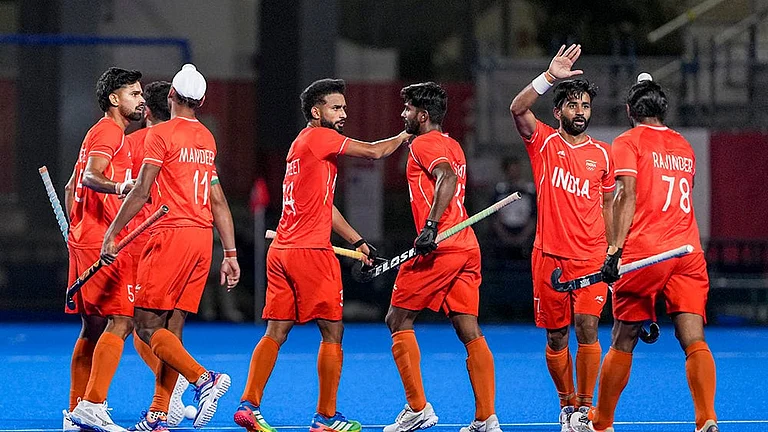 From left, India's Abhishek, Mandeep Singh, Sukhjeet Singh, Sumit, Manpreet Singh and Rajinder Singh celebrate after winning the men's semifinal hockey match between India and Pakistan, at the ongoing 20th Asian Games, in Kakamigahara, Japan. - | Photo: PTI/Atul Yadav