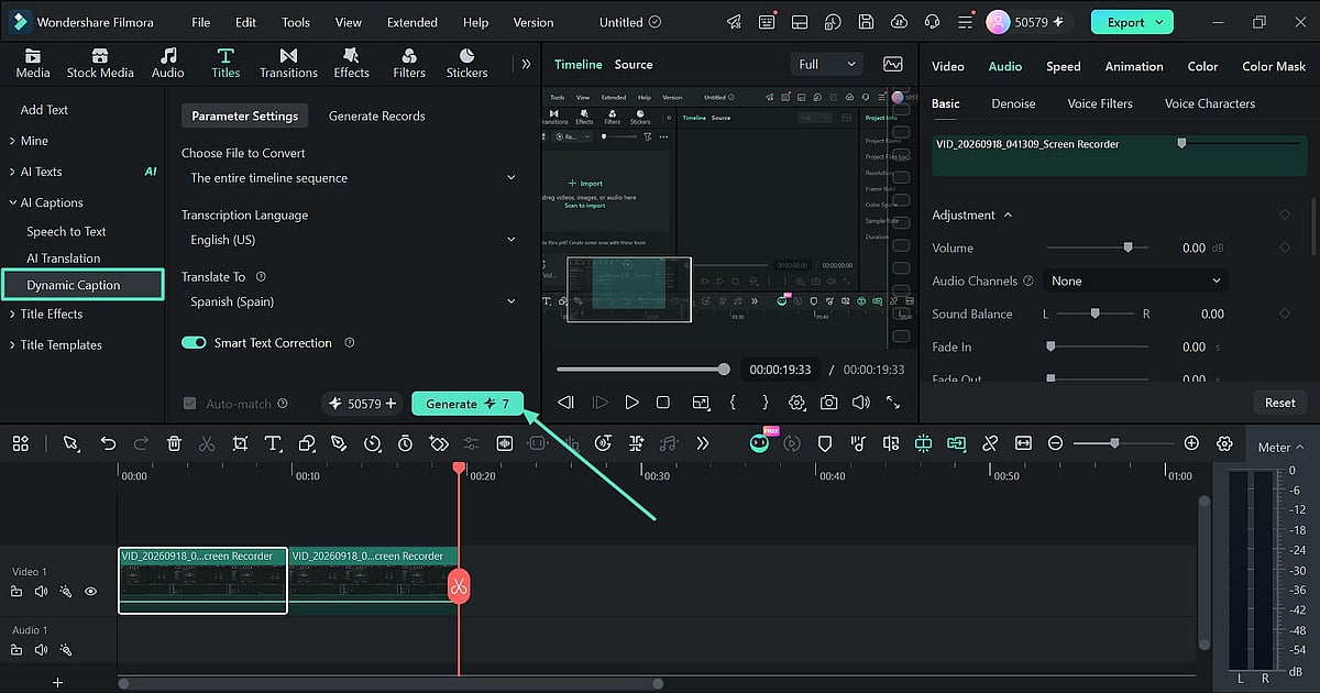 Filmora editor showing Dynamic Caption translation settings