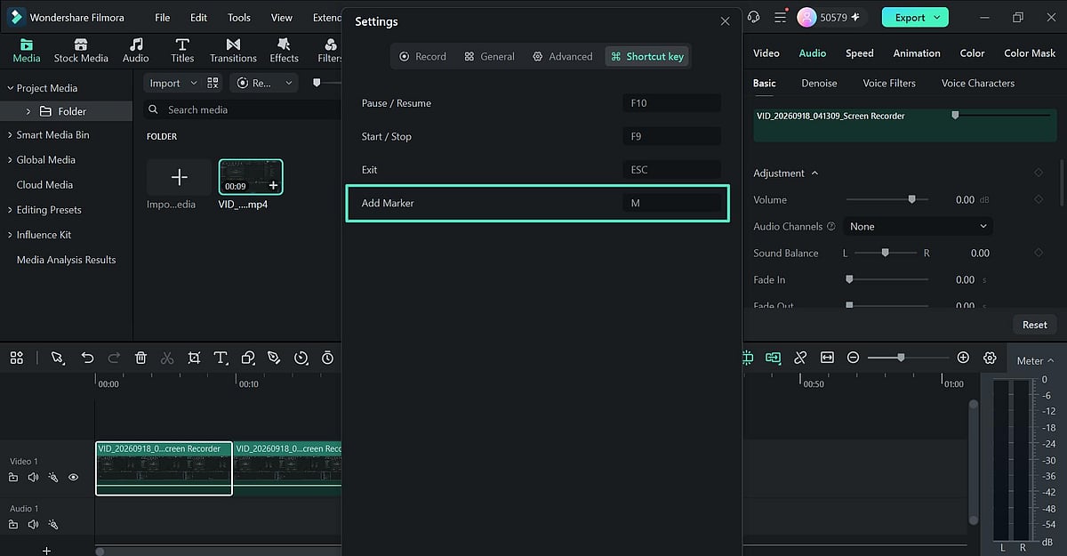 Filmora Shortcut key configuration settings menu