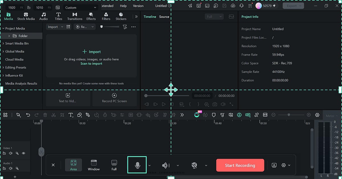 Video editing workspace highlighting the microphone selection tool