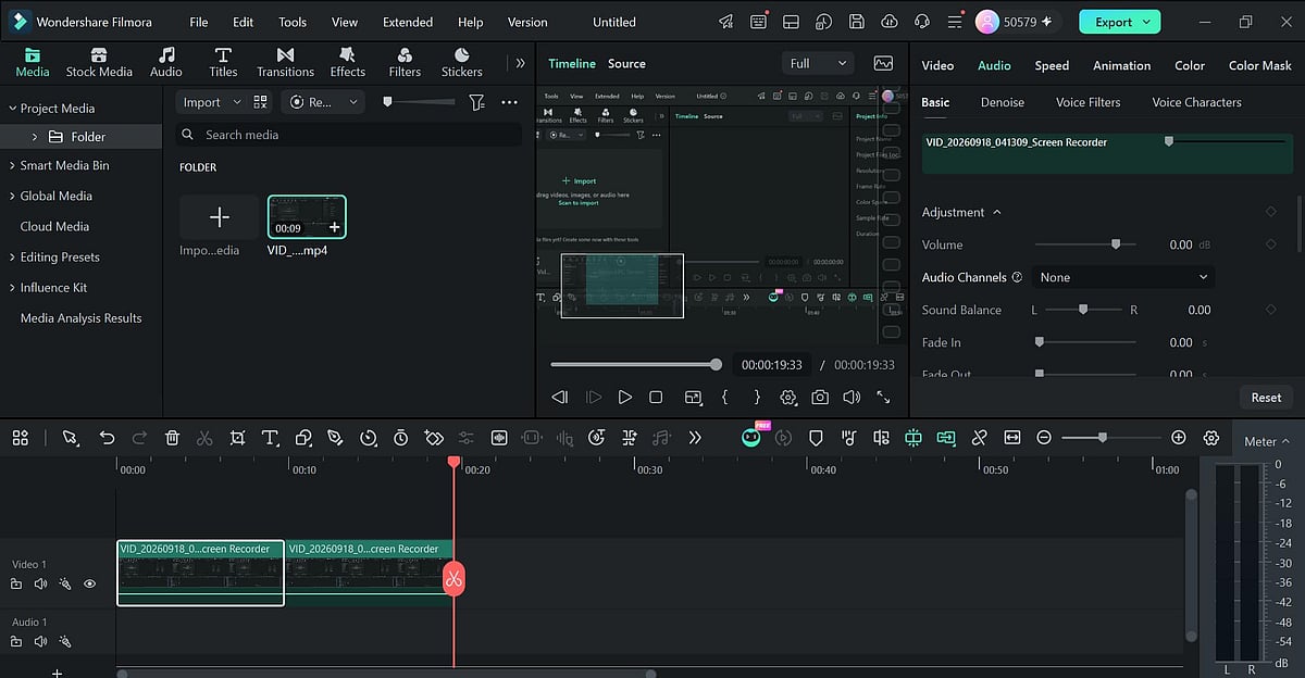 Wondershare Filmora video editing project interface