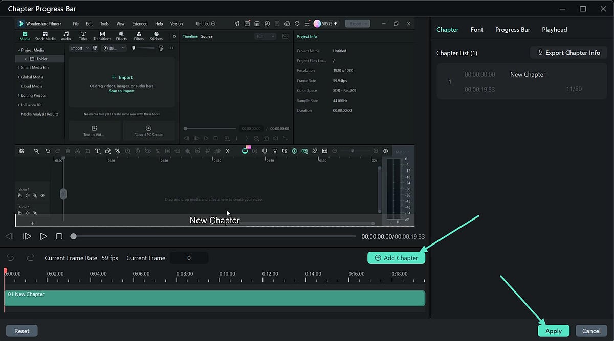 Filmora editor Chapter Progress Bar settings menu