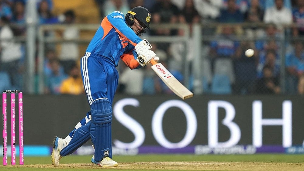 India's Abhishek Sharma plays a shot during the T20 World Cup cricket semi-final match between India and England in Mumbai, India. - Photo: AP/Rafiq Maqbool